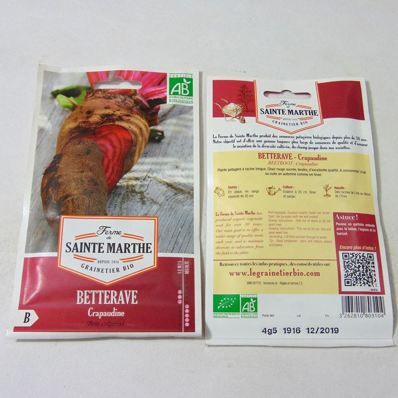 Esempio di esemplare Barbabietola Crapaudine Bio - Ferme de Sainte Marthe sacchetto di 250 semi circa (4.5g) come consegnato