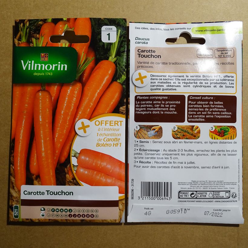 Esempio di esemplare Carota Touchon - Vilmorin sacchetto di 2000 semi circa (4g) come consegnato