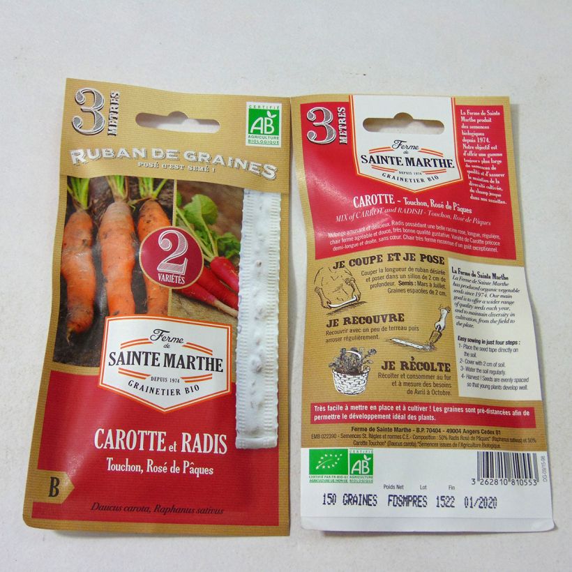 Esempio di esemplare Carta nastro di Carota Touchon - Ravanelli Rosa di Pasqua - Bio - Azienda Agricola di Santa Marta Semi su nastro come consegnato