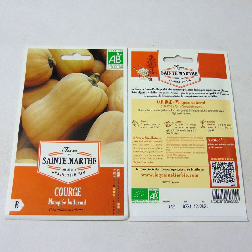 Esempio di esemplare Zucca moscata Butternut Bio - Ferme de Sainte Marthe sacchetto di 10 semi circa (1.2g) come consegnato