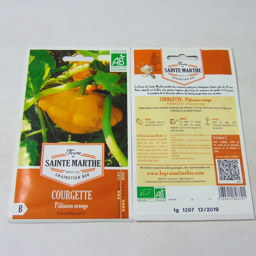 Esempio di esemplare Zucchino Patisson arancione Bio - Ferme de Sainte Marthe sacchetto di 10 semi circa (1g) come consegnato
