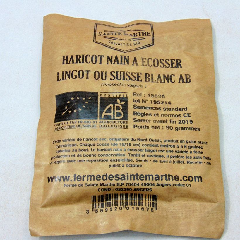 Esempio di esemplare Fagiolo da sgranare Lingot suisse blanc Bio - Ferme de Sainte Marthe sacchetto di 160 semi circa (80g) come consegnato