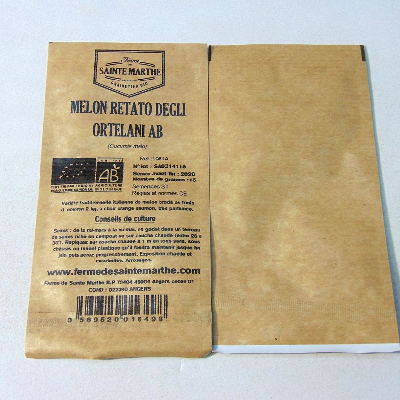 Esempio di esemplare Melone Rerato Degli Ortolani Bio - Ferme de Sainte Marthe sacchetto di 15 semi circa (Sachet de 15 grainesg) come consegnato