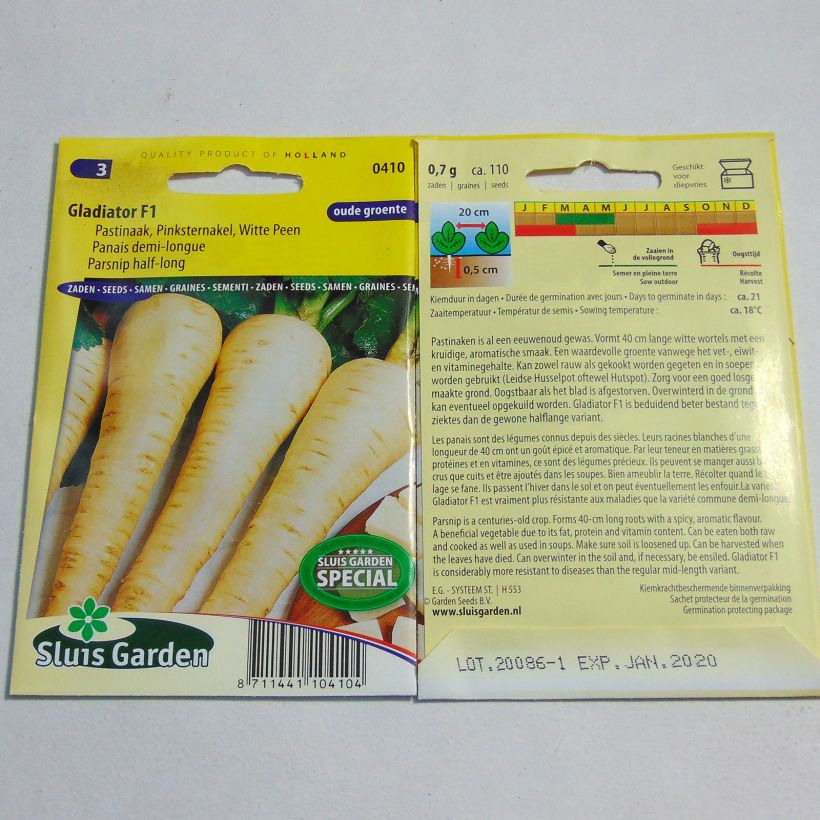 Esempio di esemplare Pastinaca 1/2 Long Gladiator F1 sacchetto di 110 semi circa come consegnato