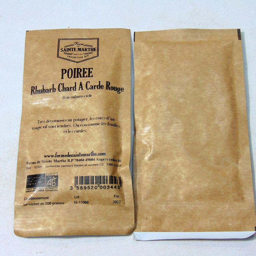 Esempio di esemplare Bietola da coste Rhubarb Chard Bio - Ferme de Sainte Marthe sacchetto di 100 semi circa (4g) come consegnato