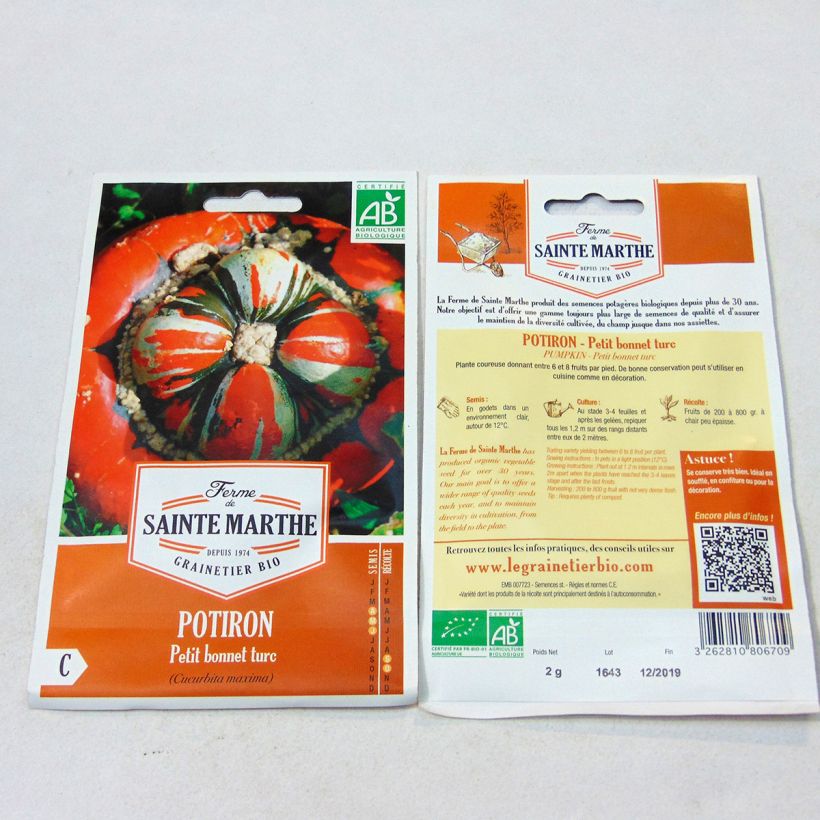 Esempio di esemplare Zucca Turbante turco Bio - Ferme de Sainte Marthe sacchetto di 8 semi circa (2g) come consegnato