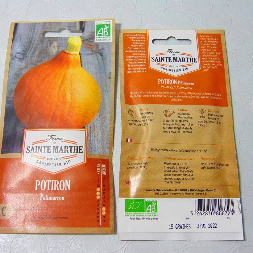 Esempio di esemplare Zucca Hokkaido Bio - Ferme de Sainte Marthe sacchetto di 10 semi circa (2g) come consegnato