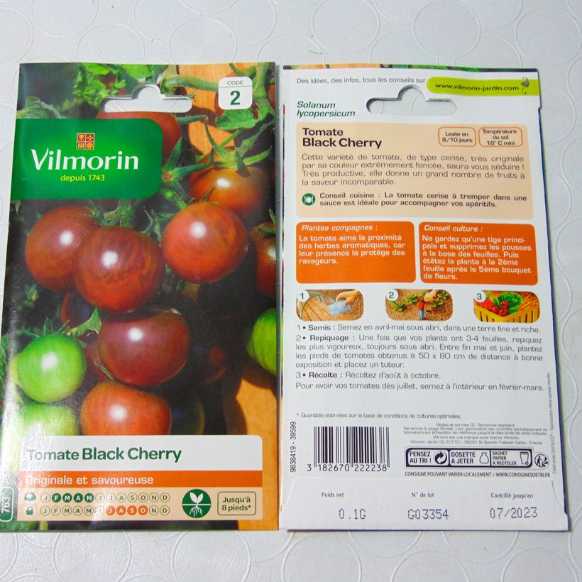 Esempio di esemplare Pomodoro ciliegino/datterino Black Cherry - Vilmorin sacchetto di 30 semi circa (0,1g) come consegnato