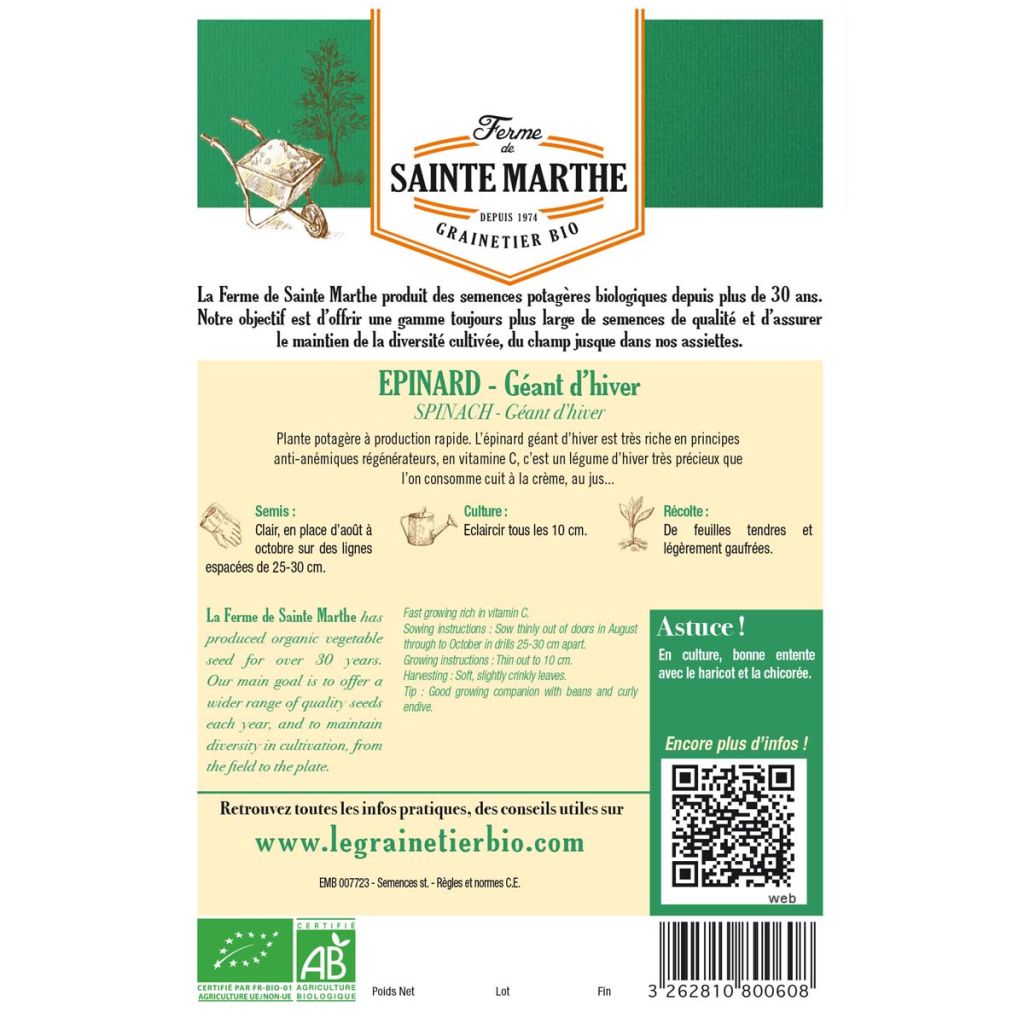 Spinacio Gigante de invierno Bio - Ferme de Sainte Marthe